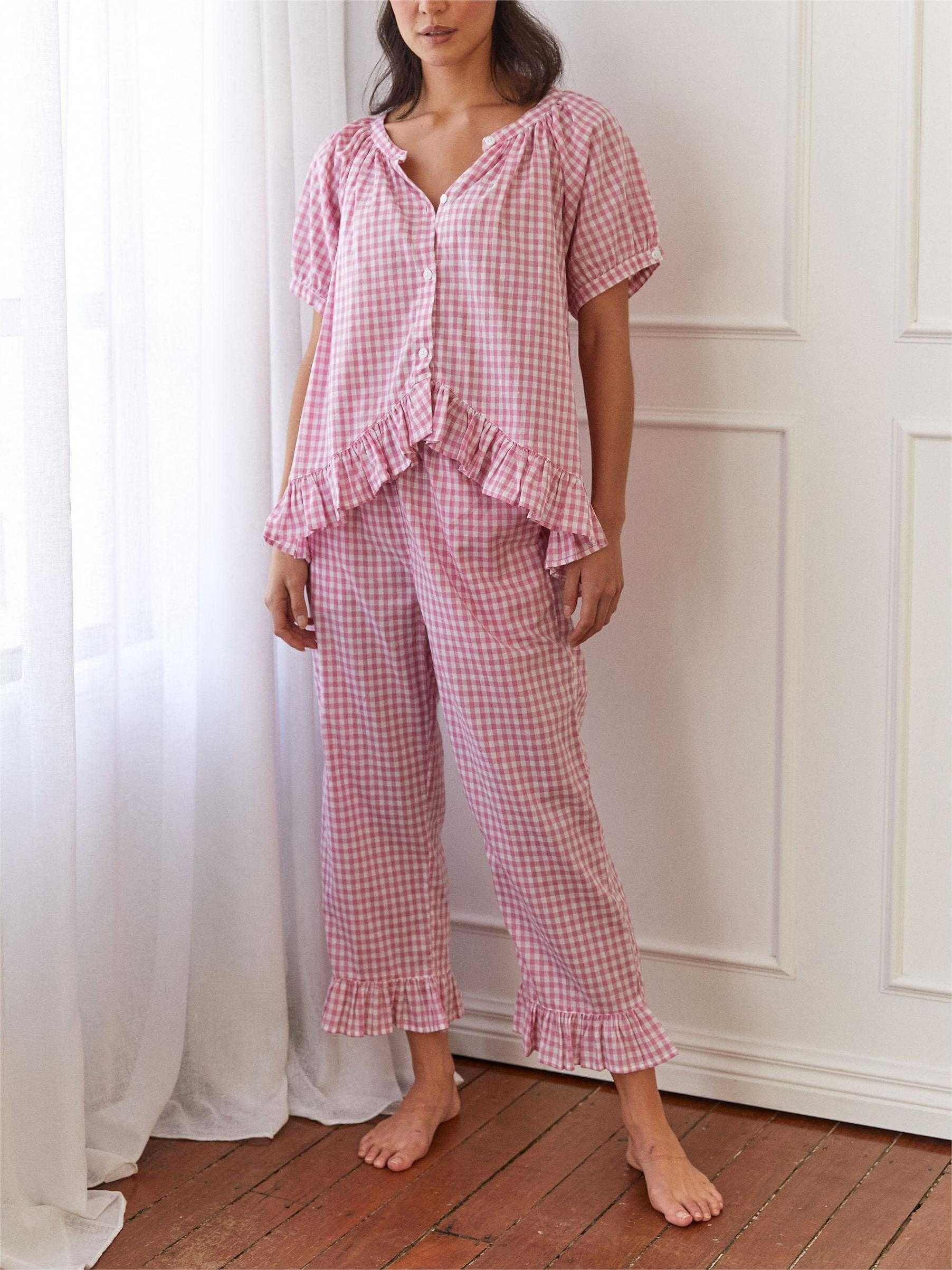Gingham Ruffled Pajama Set-Massicos