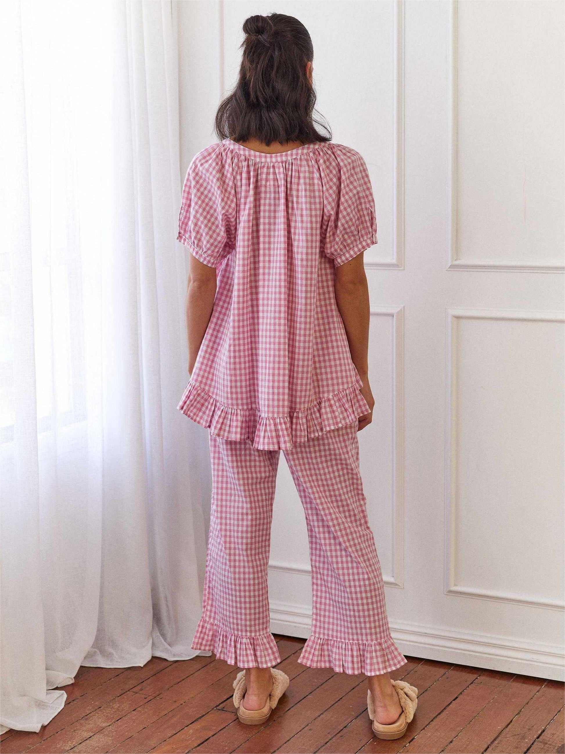 Gingham Ruffled Pajama Set-Massicos