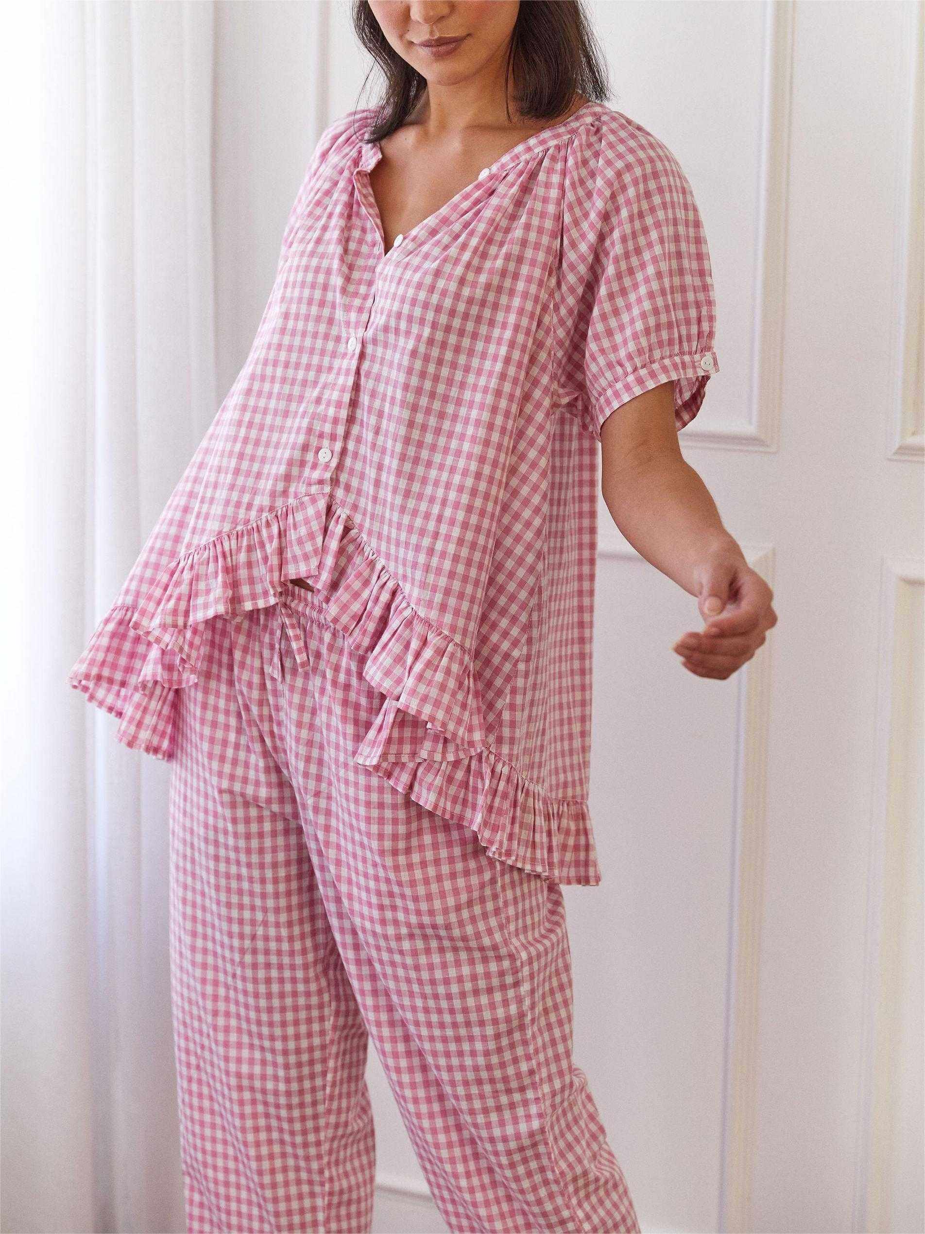 Gingham Ruffled Pajama Set-Massicos
