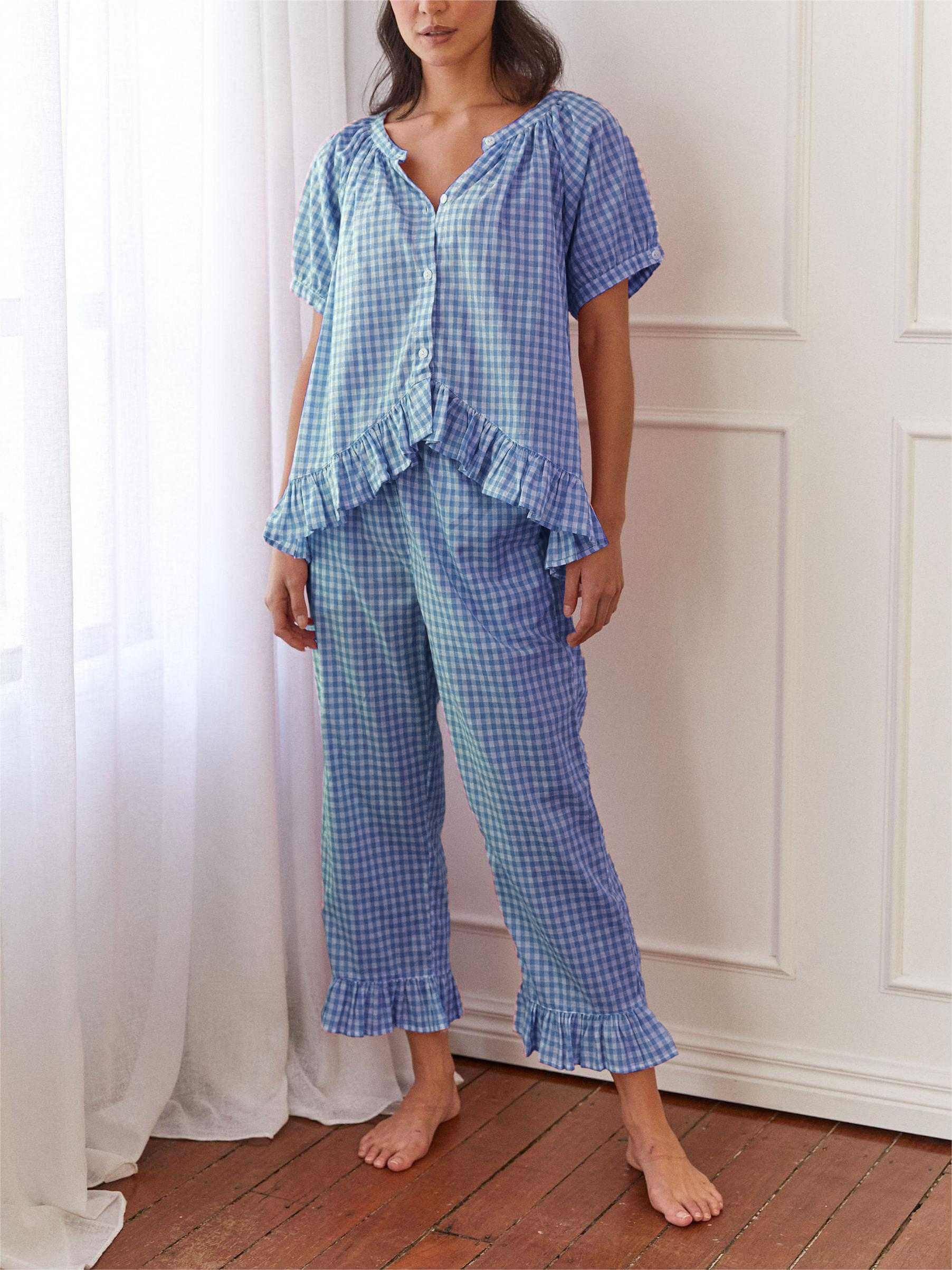 Gingham Ruffled Pajama Set-Massicos