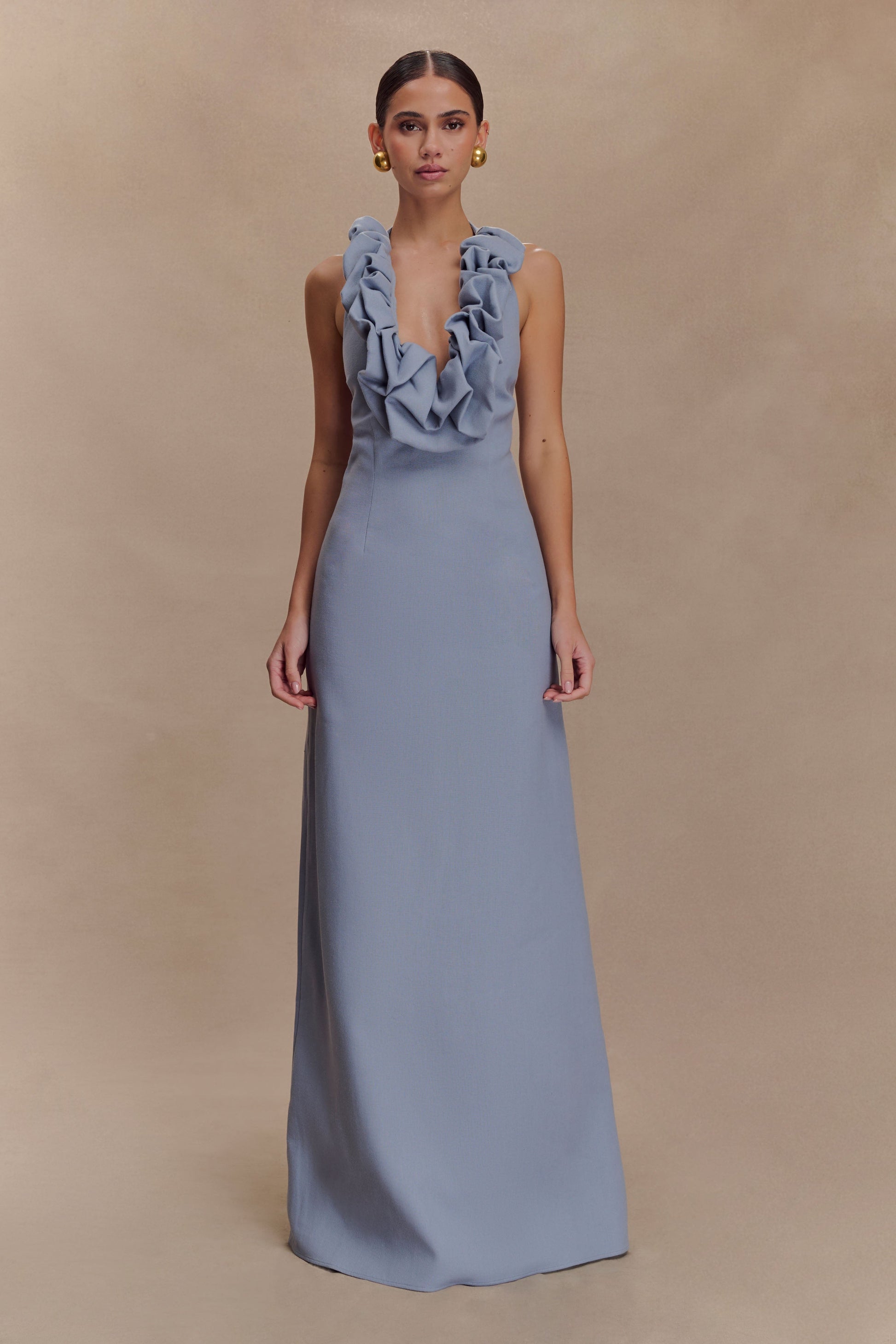 Ruffled Halter Maxi Dress with Open Back-Massicos
