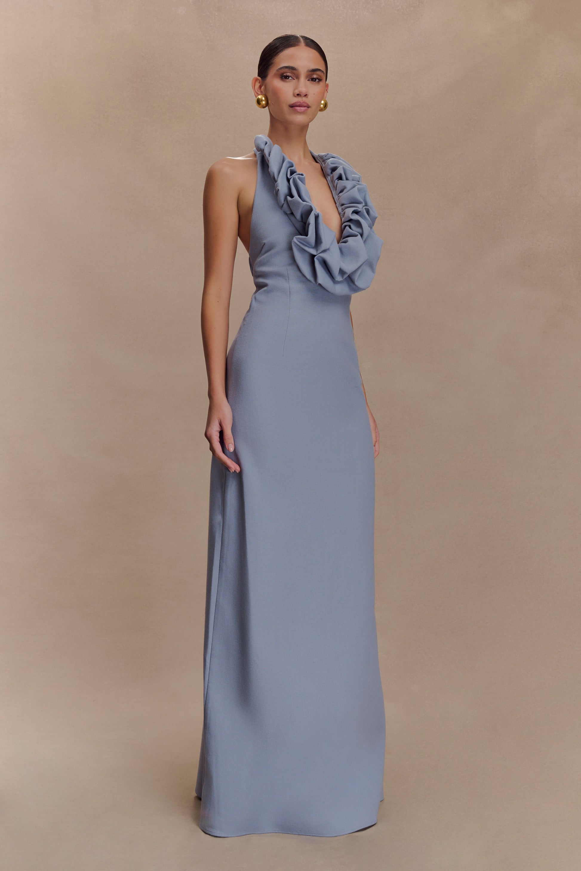 Ruffled Halter Maxi Dress with Open Back-Massicos