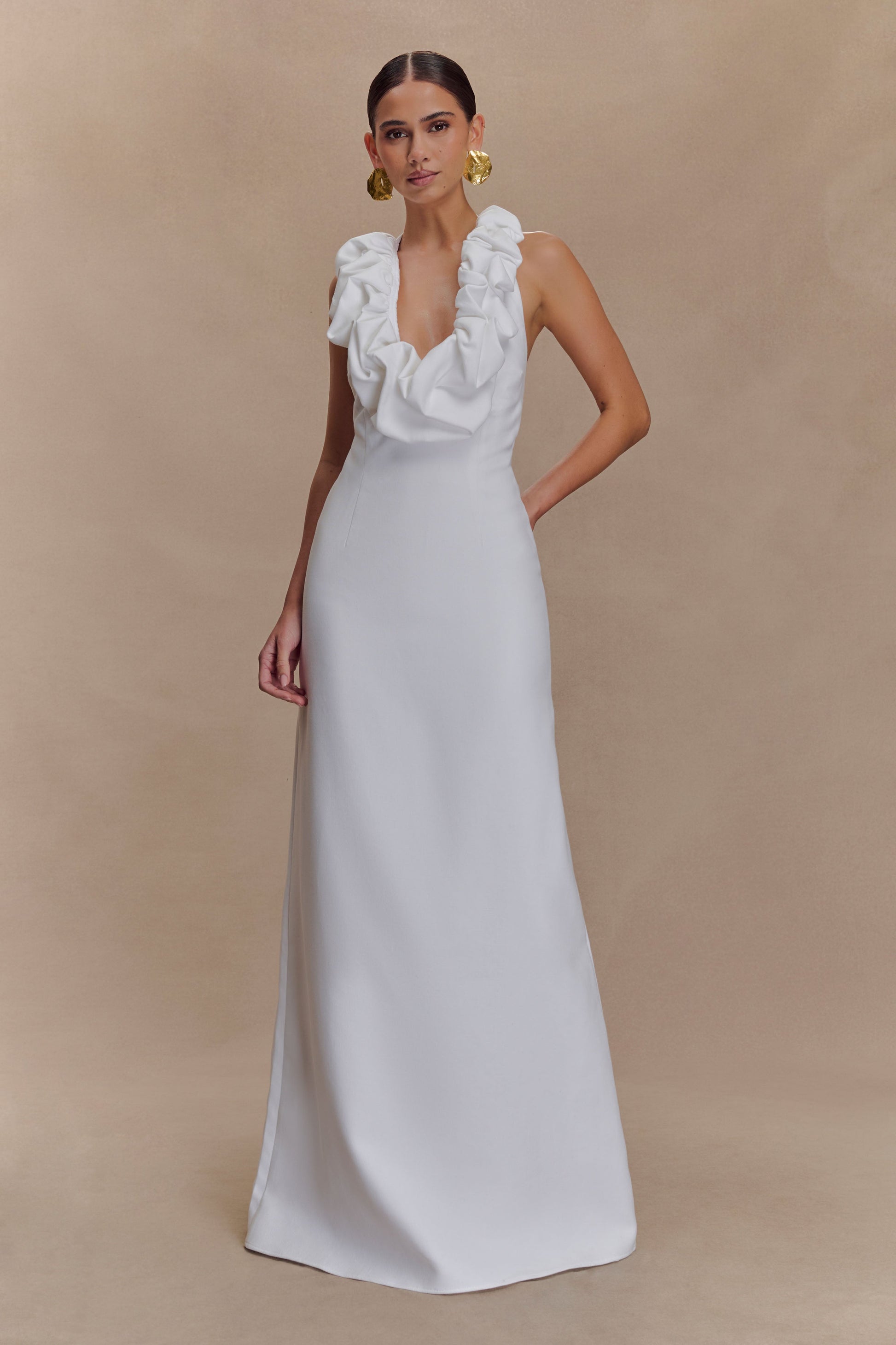 Ruffled Halter Maxi Dress with Open Back-Massicos