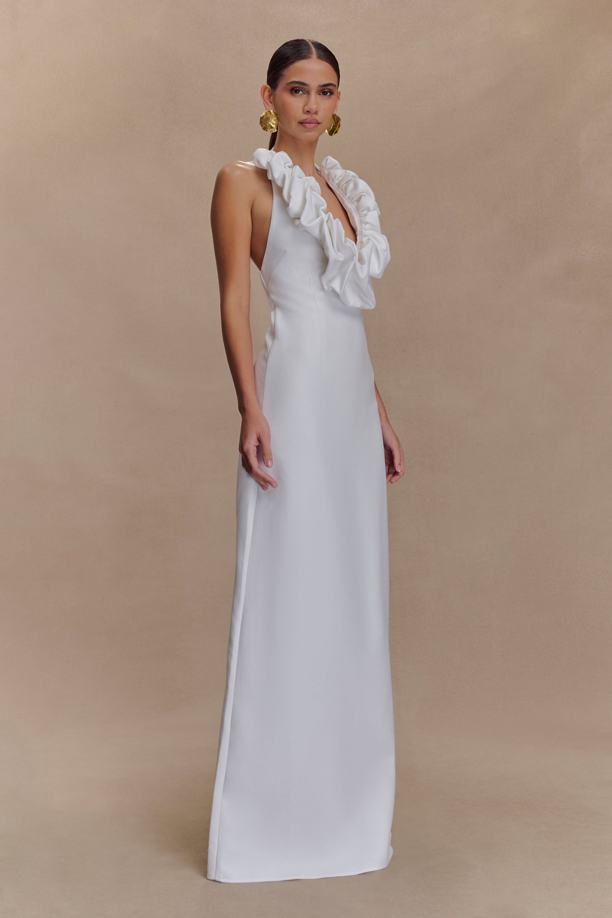 Ruffled Halter Maxi Dress with Open Back-Massicos