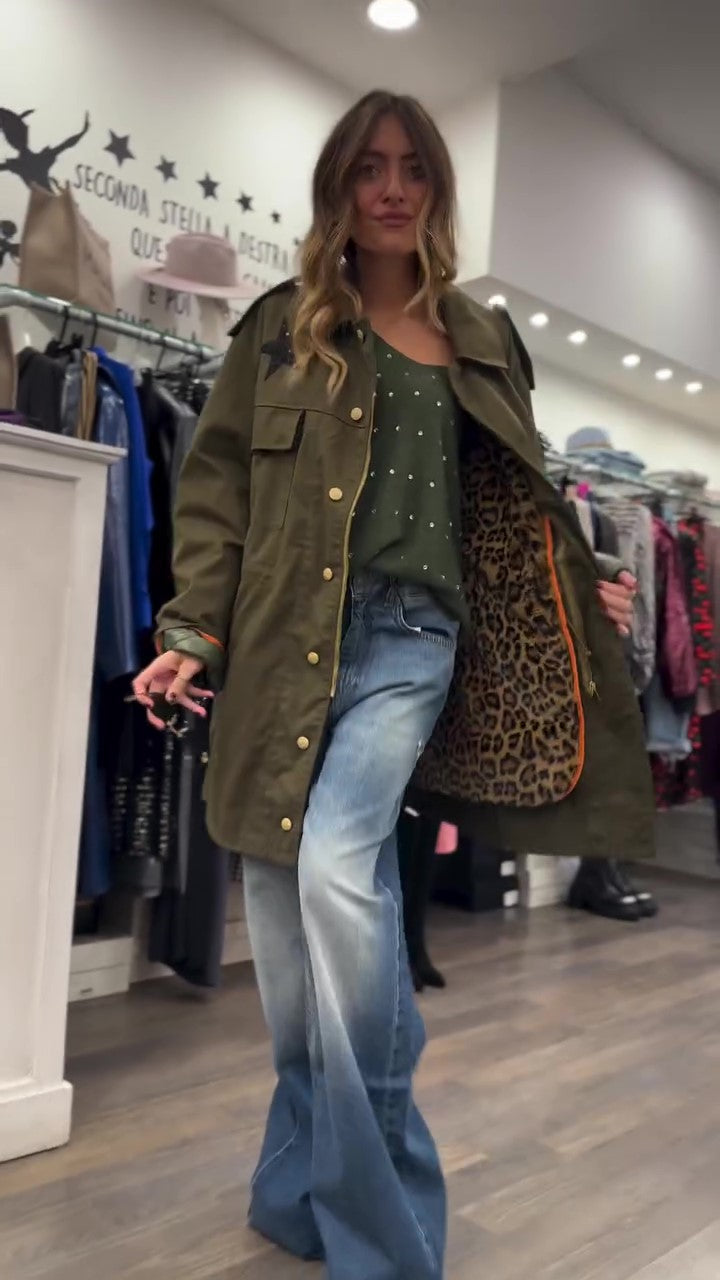 Fashion casual embroidered jacket withleopard print lining-Massicos