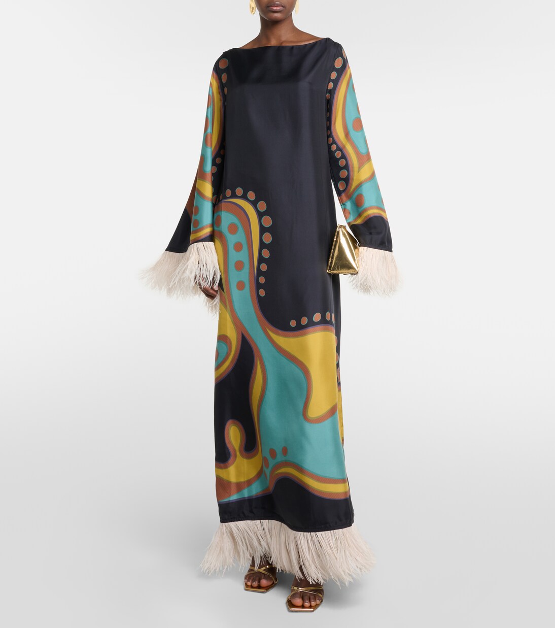 Opera feather-trimmed twill gown