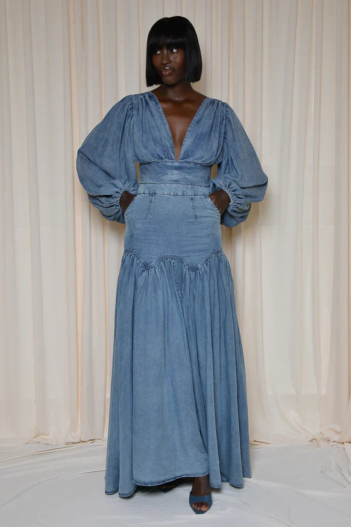 Blue Denim Deep V Neck Maxi Dress-Massicos