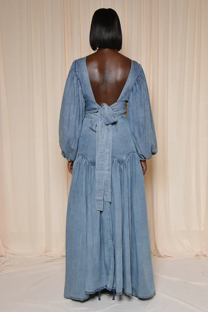Blue Denim Deep V Neck Maxi Dress-Massicos