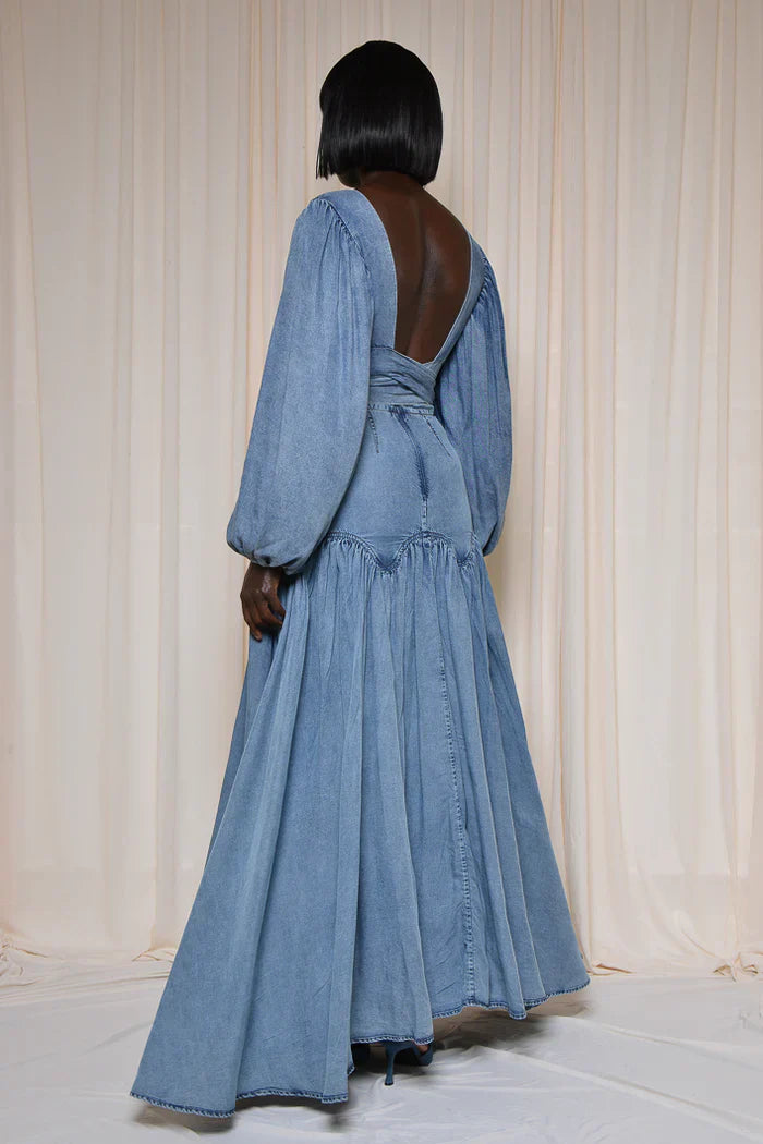 Blue Denim Deep V Neck Maxi Dress-Massicos