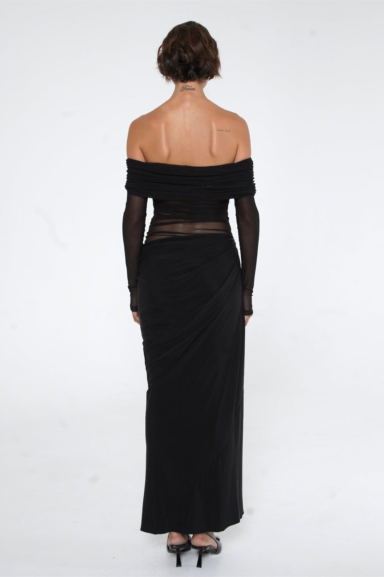 Lillian Off Shoulder Sheer Maxi Mesh Dress-ROVOLE