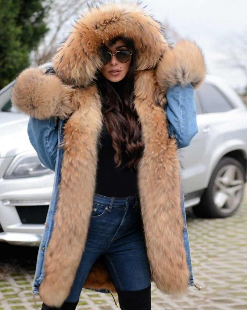 Trafni Casual Women Denim Jacket Long Faux Fur Jean Coat Hooded Parka Overcoat Plus Size S-XXXL-Massicos