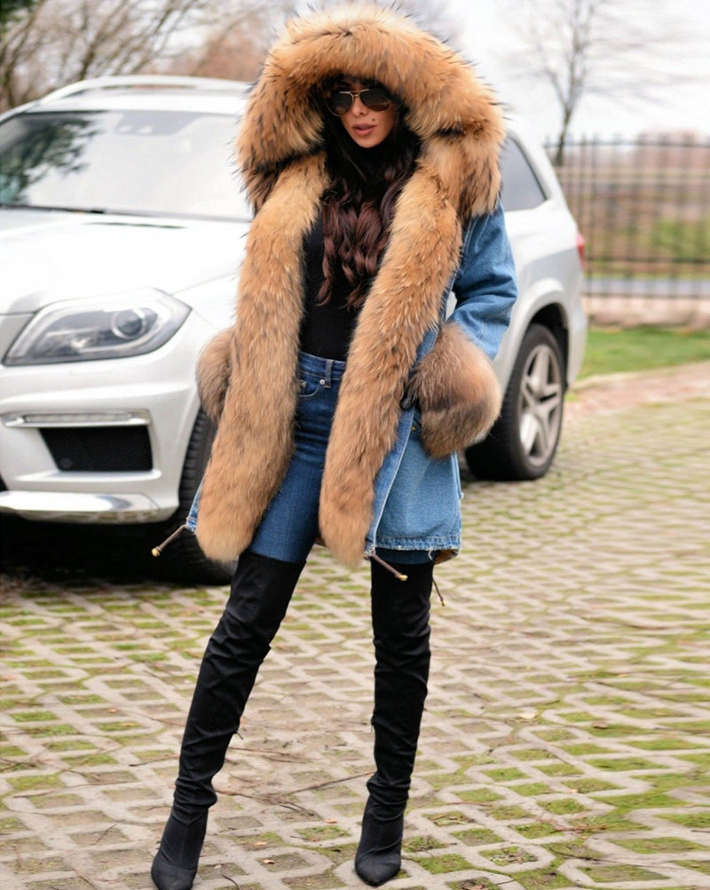Trafni Casual Women Denim Jacket Long Faux Fur Jean Coat Hooded Parka Overcoat Plus Size S-XXXL-Massicos