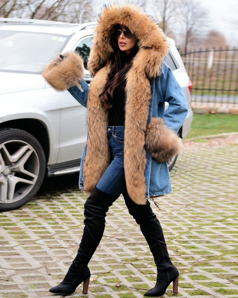 Trafni Casual Women Denim Jacket Long Faux Fur Jean Coat Hooded Parka Overcoat Plus Size S-XXXL-Massicos