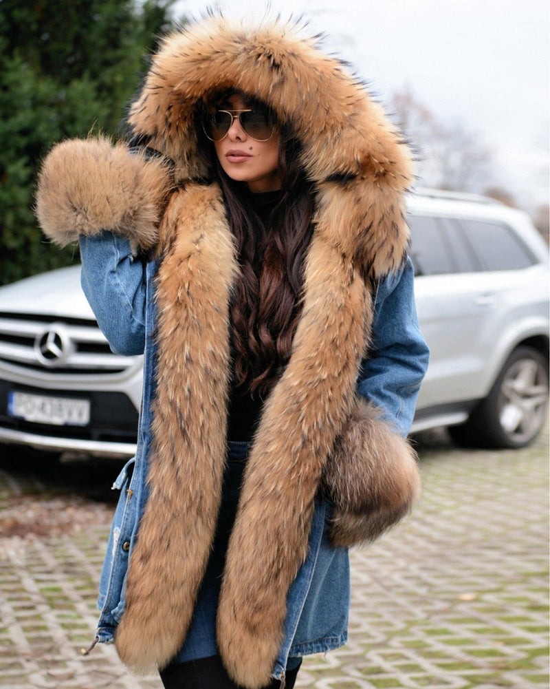 Trafni Casual Women Denim Jacket Long Faux Fur Jean Coat Hooded Parka Overcoat Plus Size S-XXXL-Massicos
