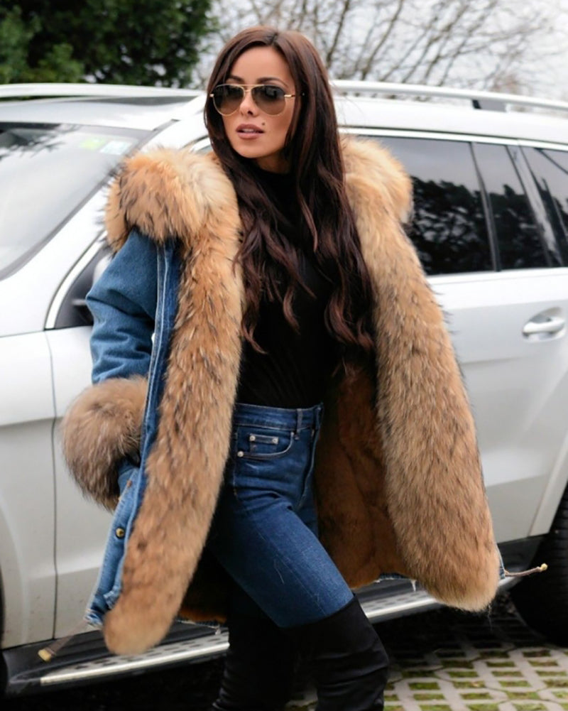 Trafni Casual Women Denim Jacket Long Faux Fur Jean Coat Hooded Parka Overcoat Plus Size S-XXXL-Massicos
