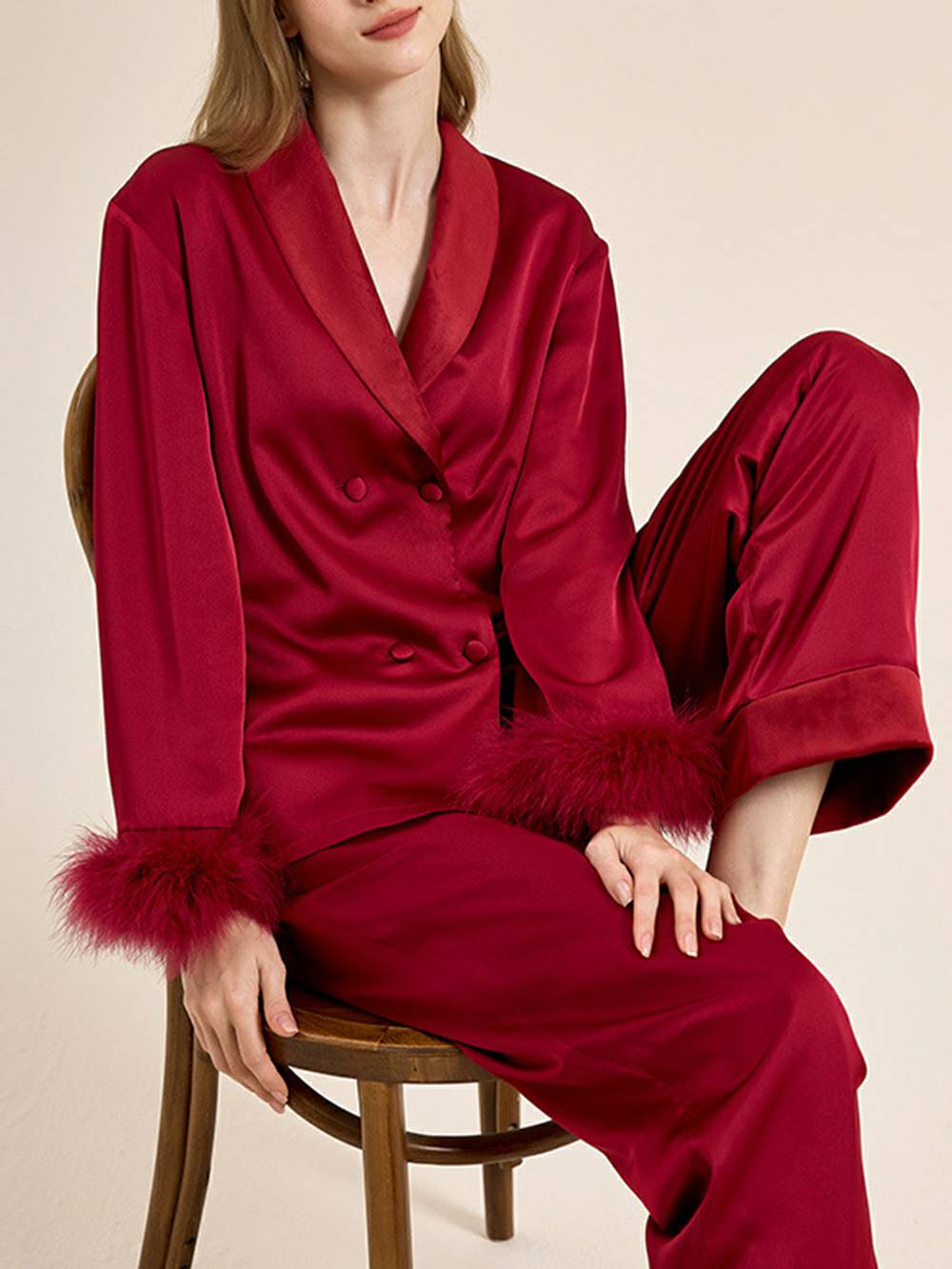 Feather Trim Red Pyjamas Set-Massicos
