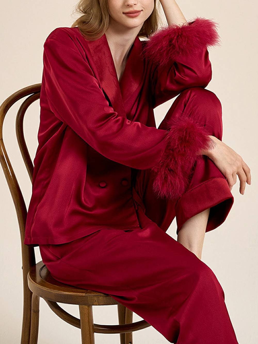 Feather Trim Red Pyjamas Set-Massicos