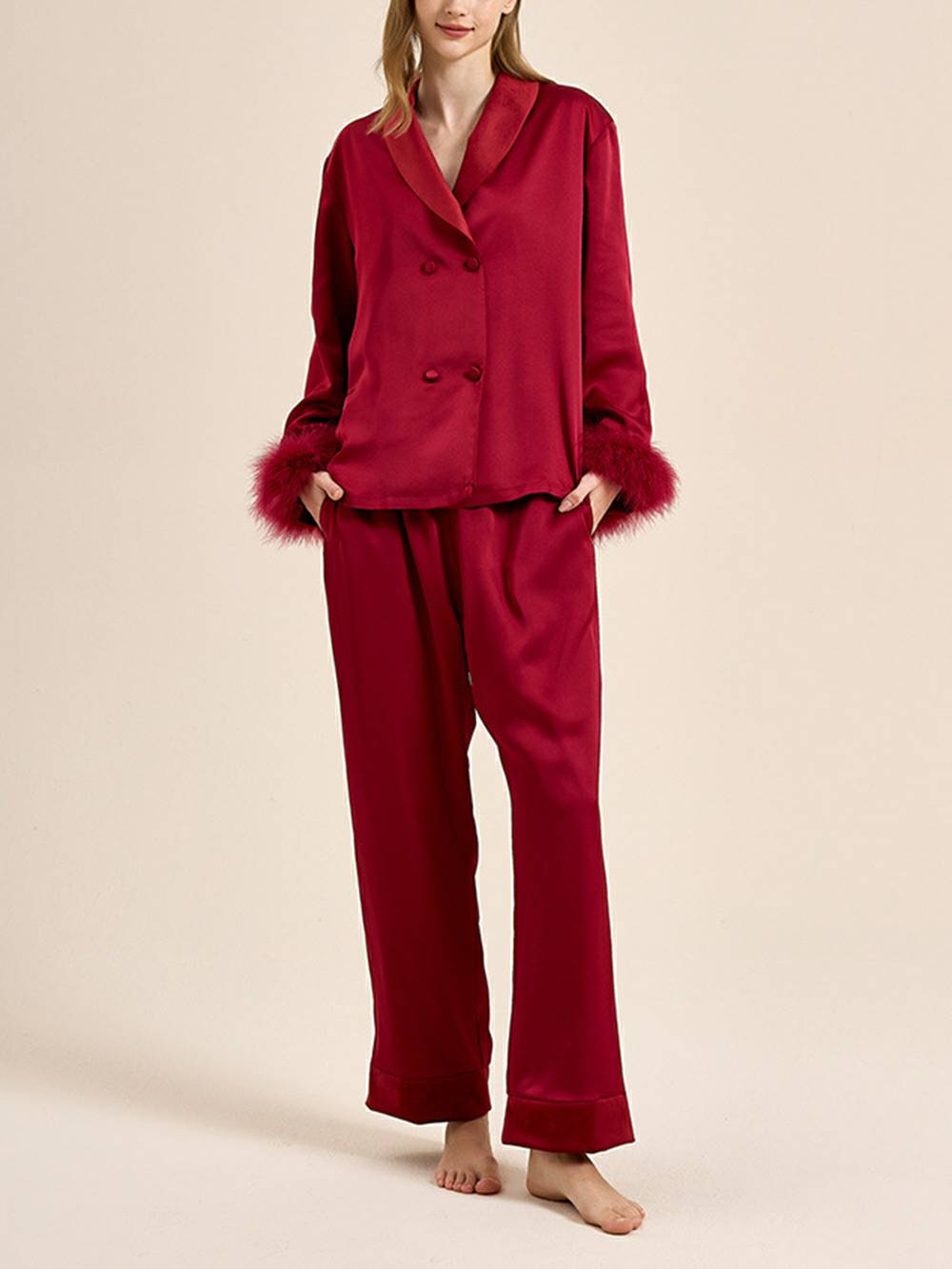 Feather Trim Red Pyjamas Set-Massicos