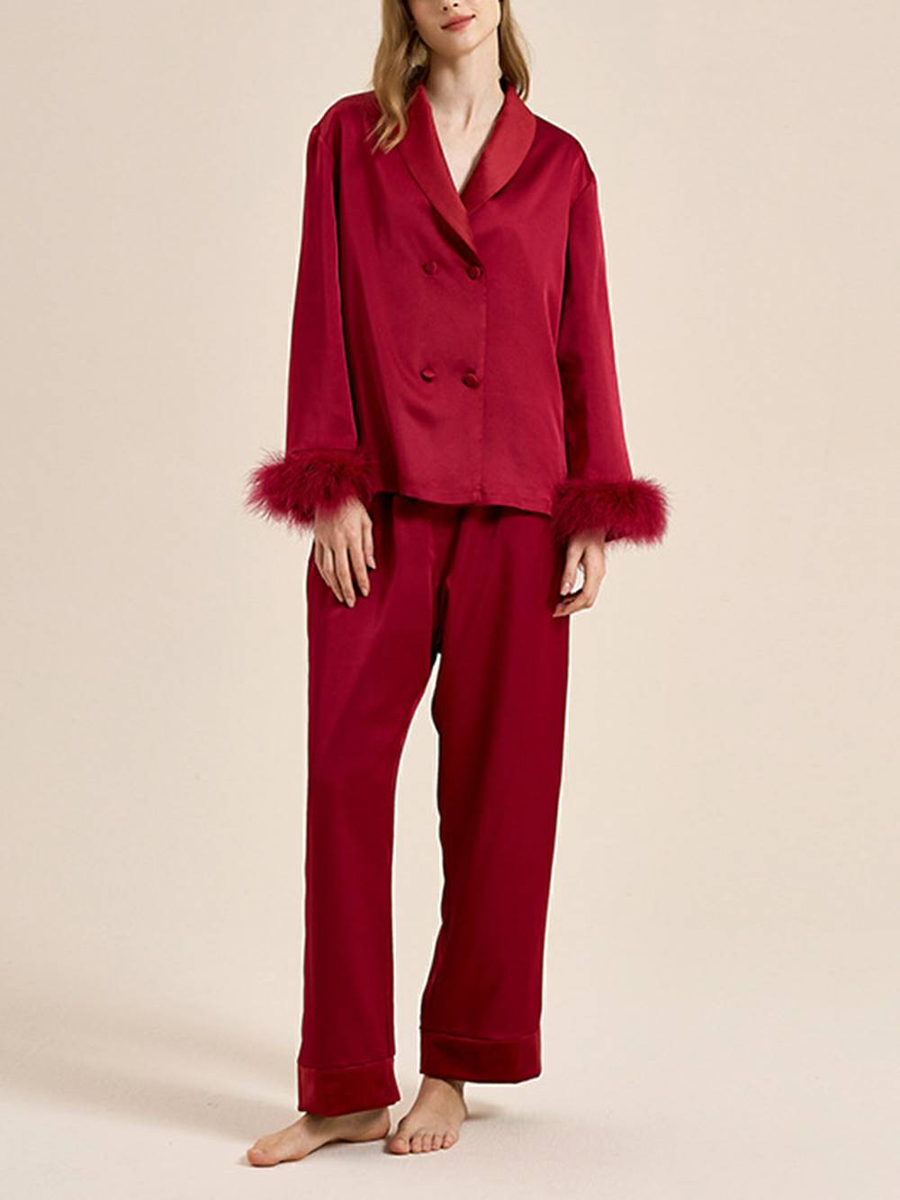 Feather Trim Red Pyjamas Set-Massicos