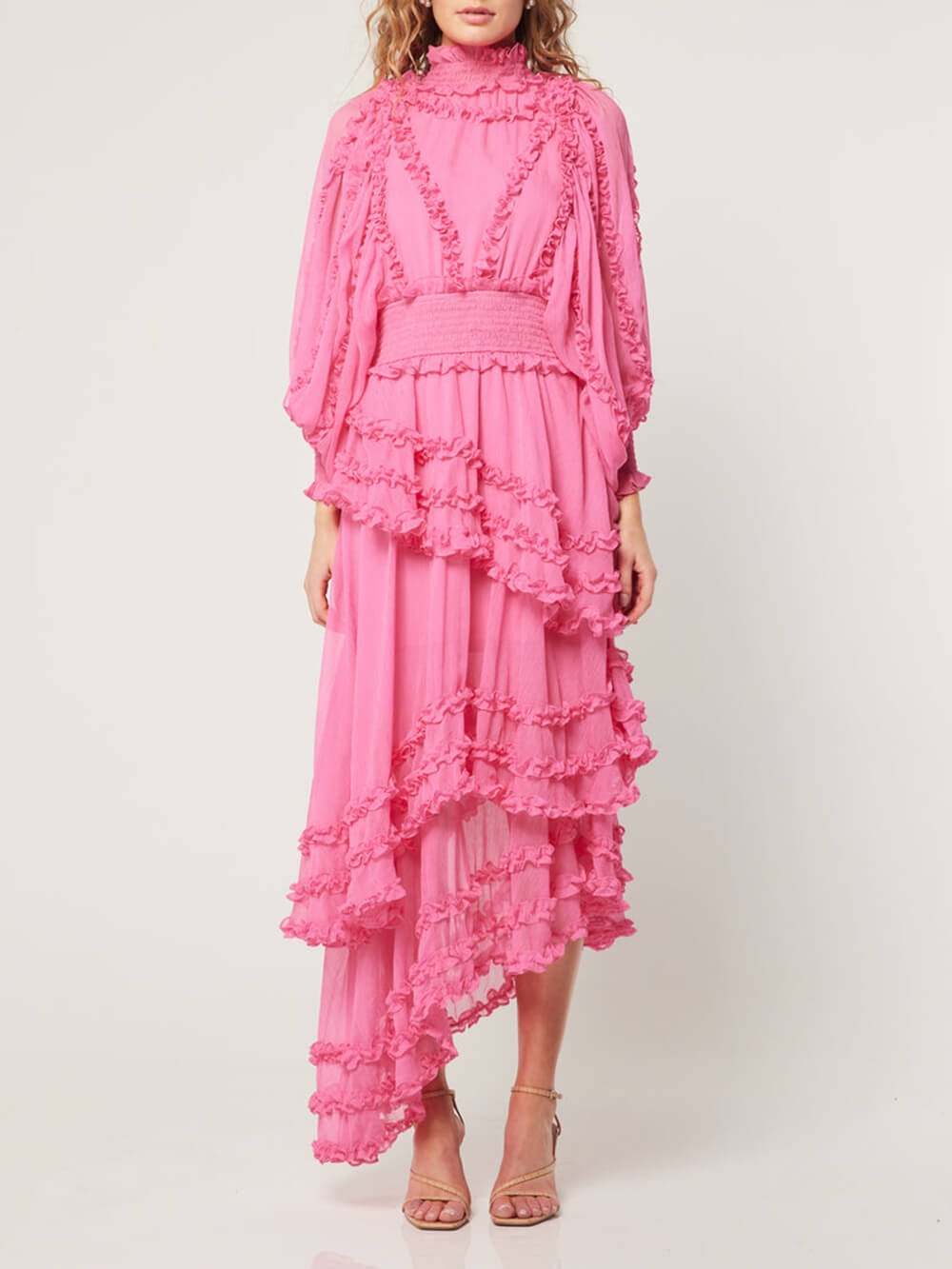 Stand Collar Tierred Ruffles Lantern Sleeve Midi Dress-Massicos