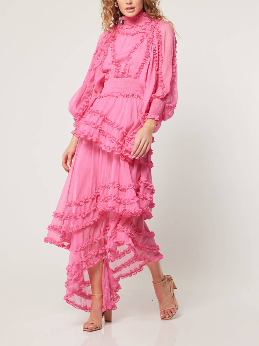 Stand Collar Tierred Ruffles Lantern Sleeve Midi Dress-Massicos