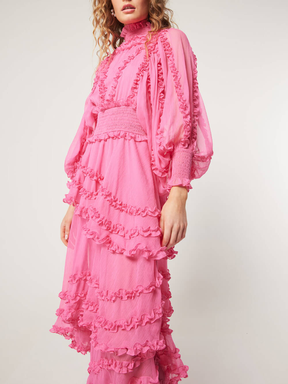 Stand Collar Tierred Ruffles Lantern Sleeve Midi Dress-Massicos