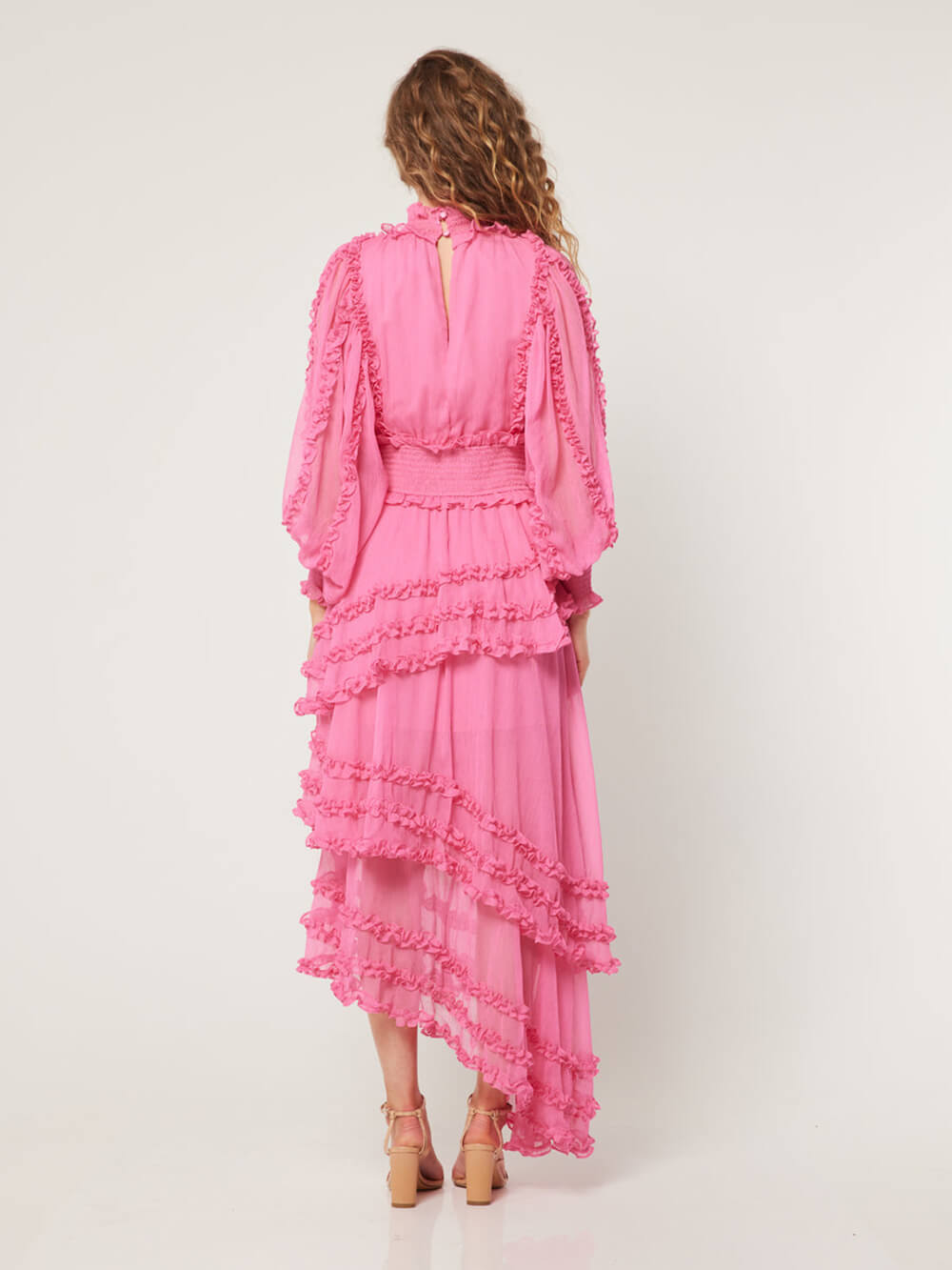 Stand Collar Tierred Ruffles Lantern Sleeve Midi Dress-Massicos