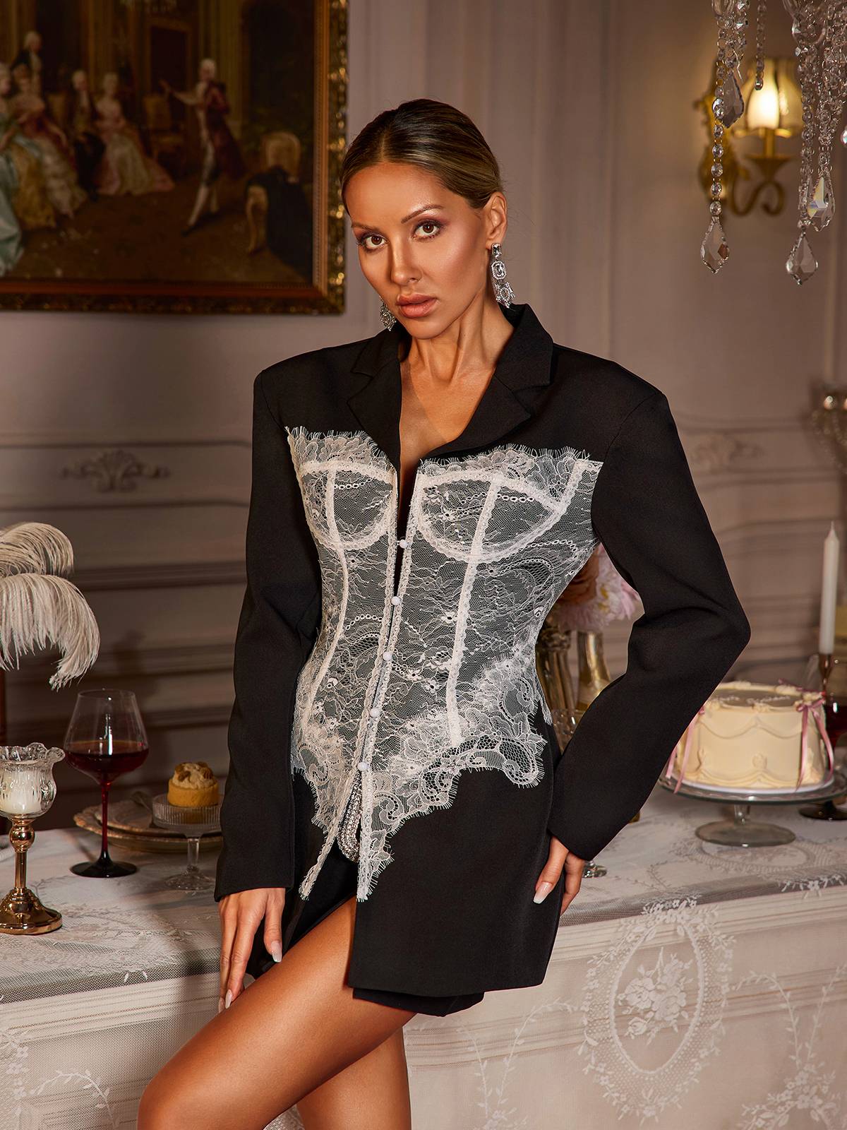 Eormenburh Deconstructed Lace Lapel Blazer In Black-Massicos