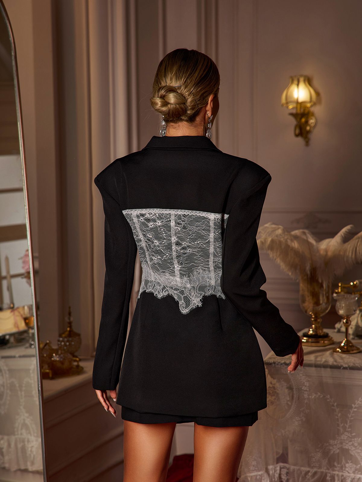 Eormenburh Deconstructed Lace Lapel Blazer In Black-Massicos