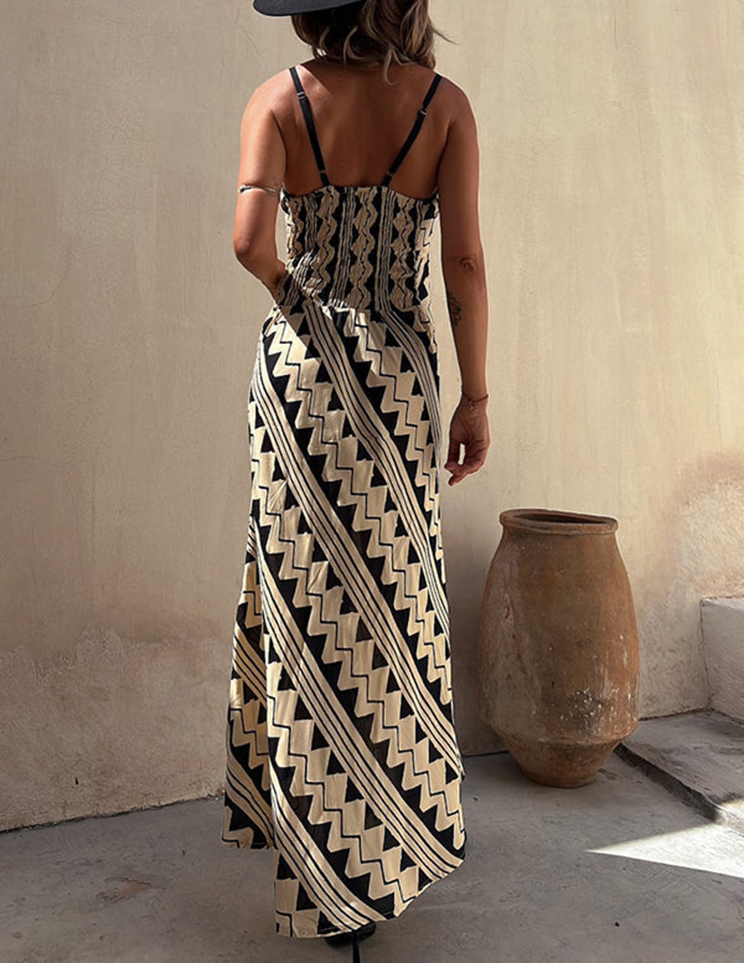 Exclusive Melody Satin Ethnic Print Smocked Back Midi Dress-Massicos