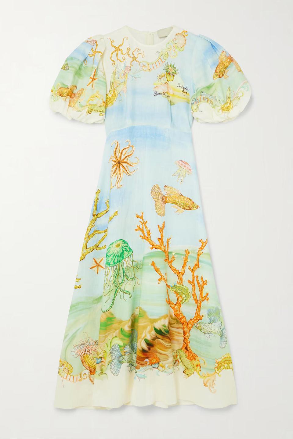 Gathered Printed Linen-Gauze Midi Dress-ROVOLE