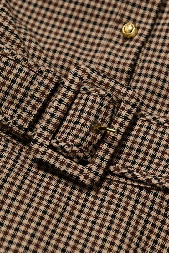 Brown Houndstooth Belted Maxi Shirt Dress-ROVOLE
