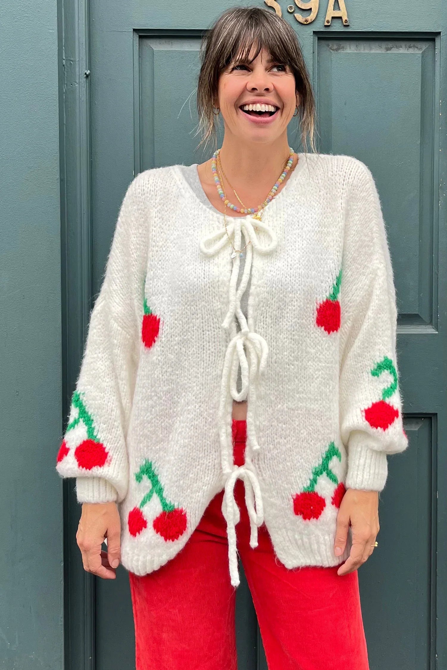 Cherry Tie Mohair Blend Cardigan - Cream-ROVOLE