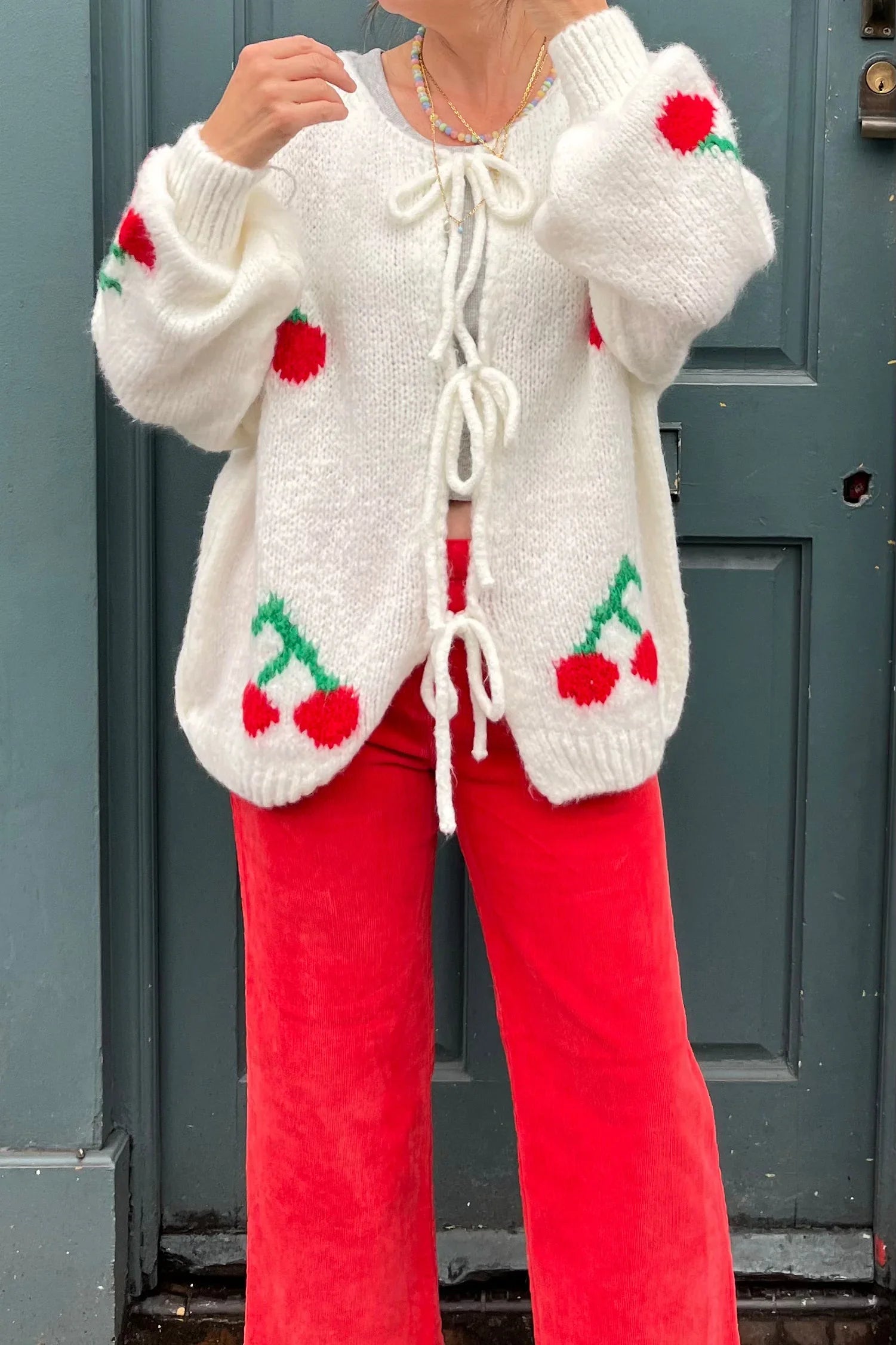 Cherry Tie Mohair Blend Cardigan - Cream-ROVOLE