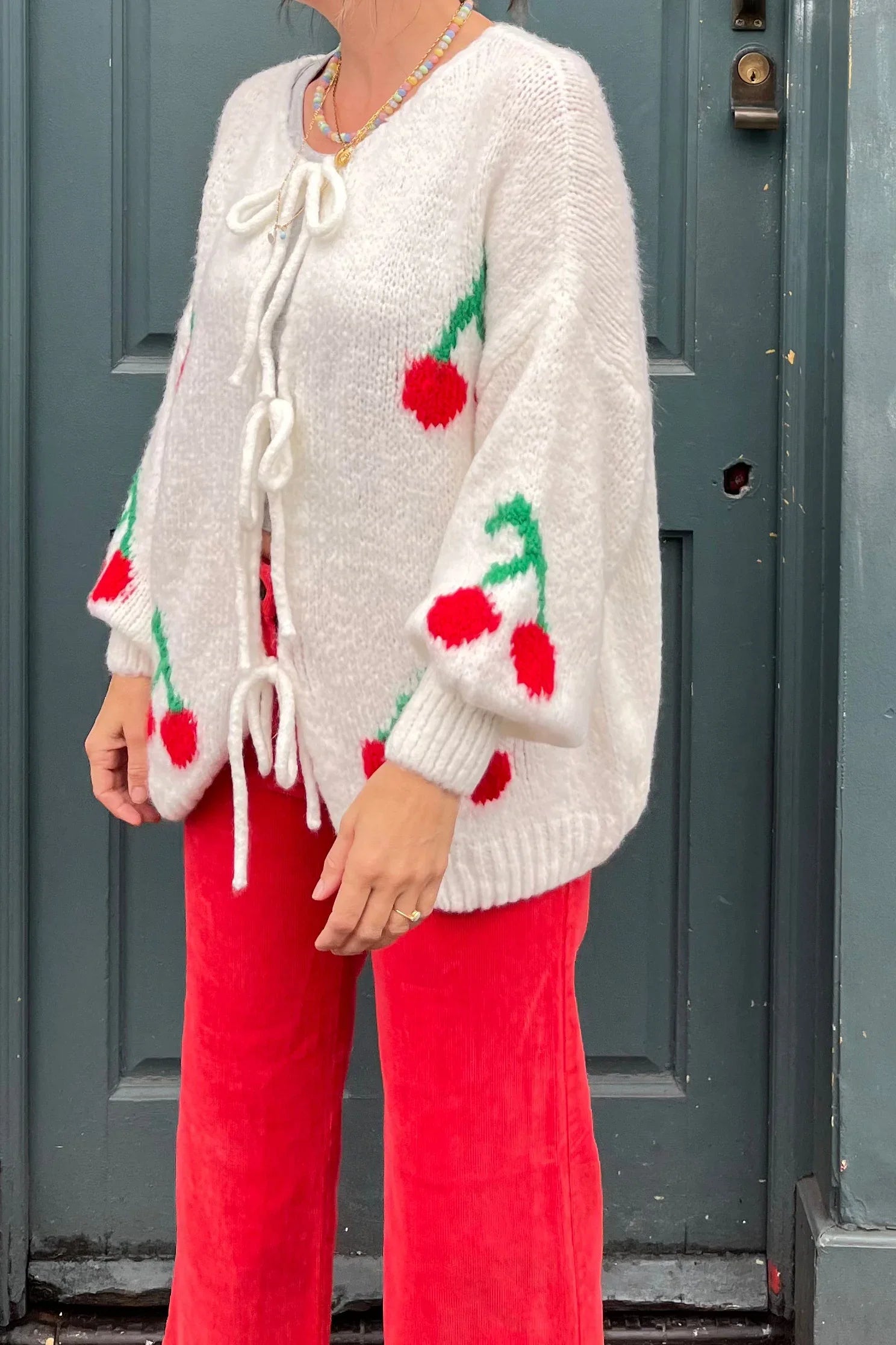Cherry Tie Mohair Blend Cardigan - Cream-ROVOLE
