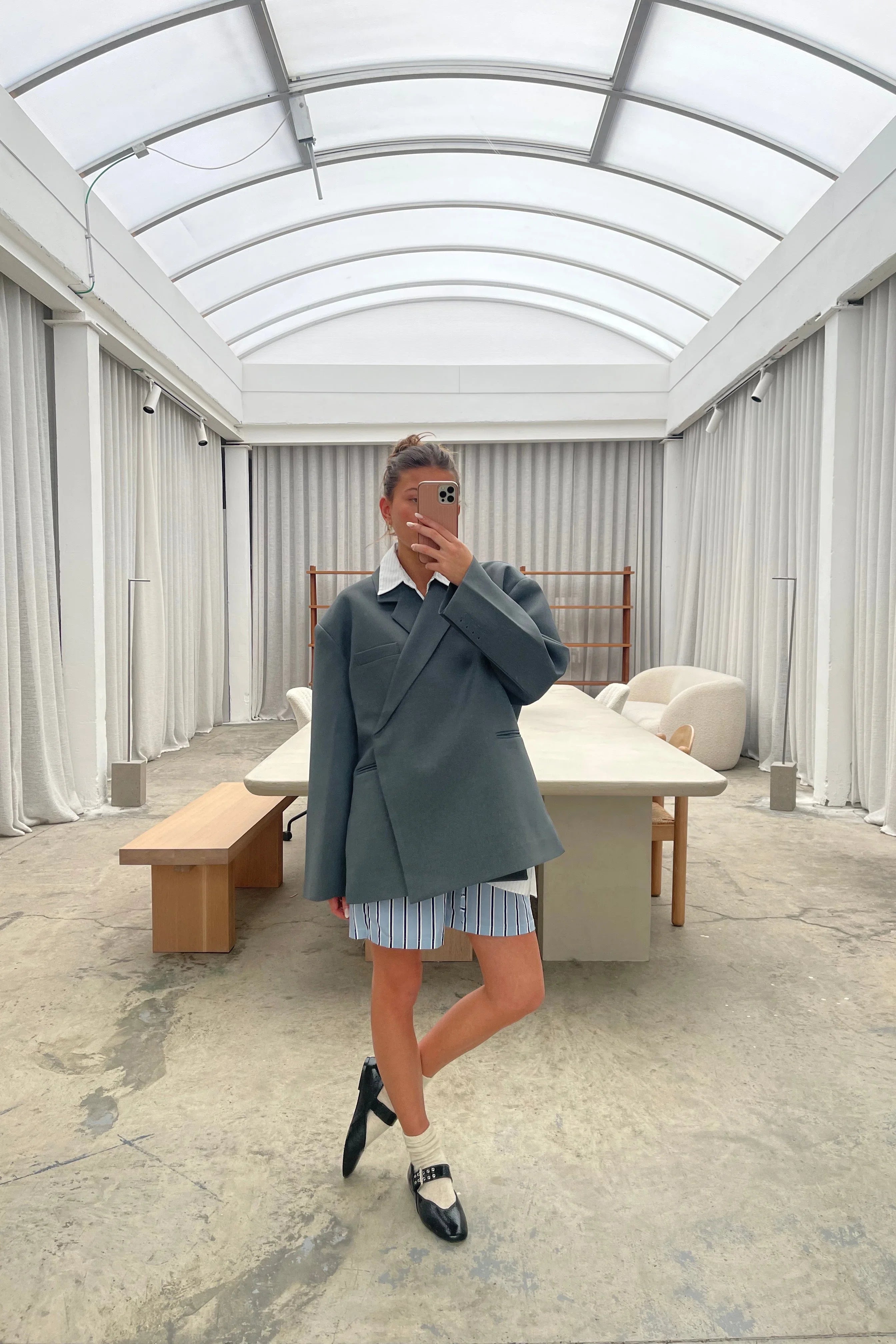 Oversized Side Slit Blazer Steel Blue-ROVOLE