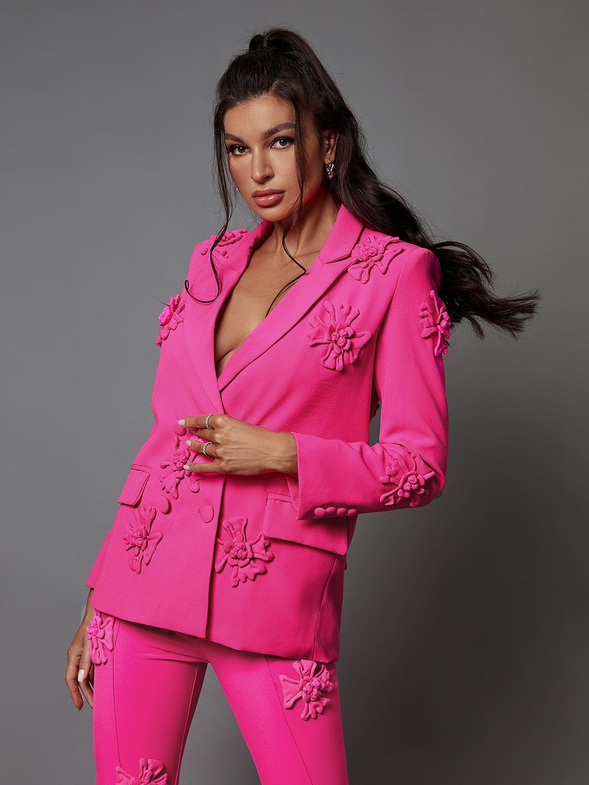 Indiana Floral Embellished Blazer Set In Hot Pink-Massicos