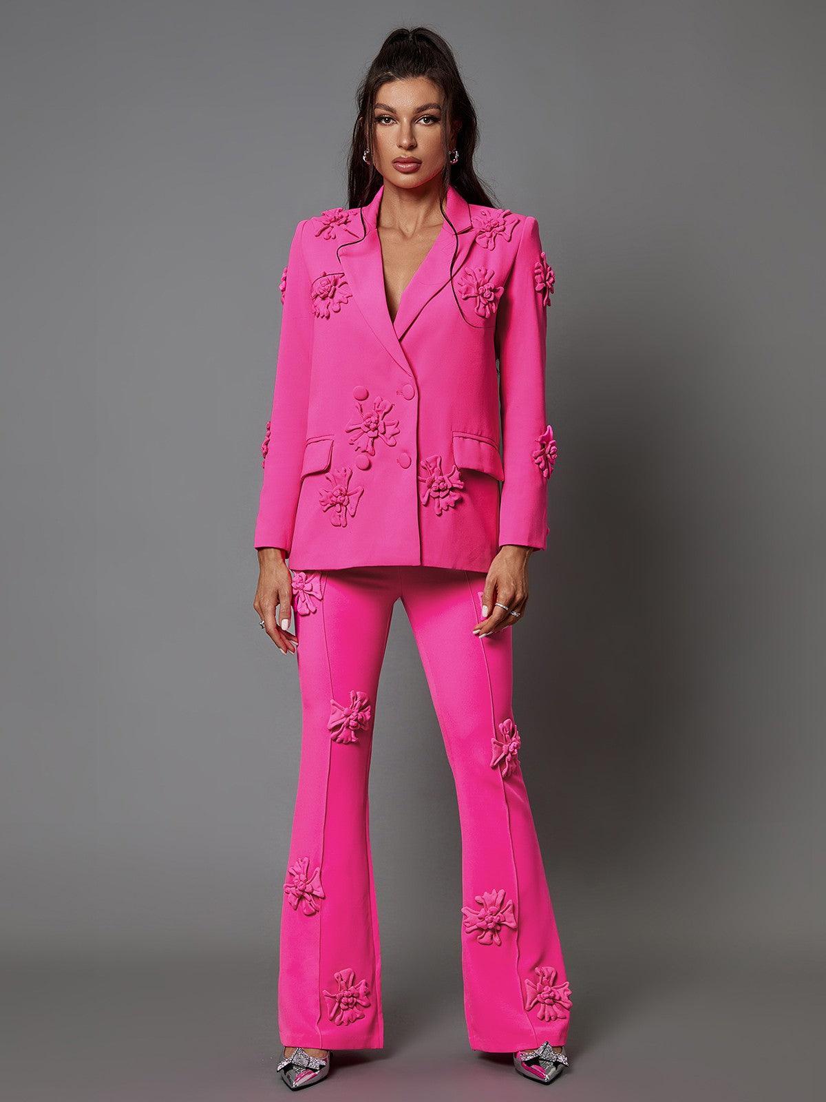 Indiana Floral Embellished Blazer Set In Hot Pink-Massicos