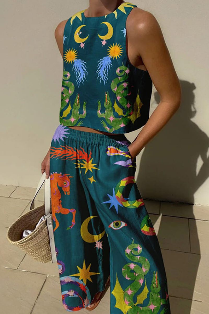 Linen Blend Unique Print Tank Set-ROVOLE