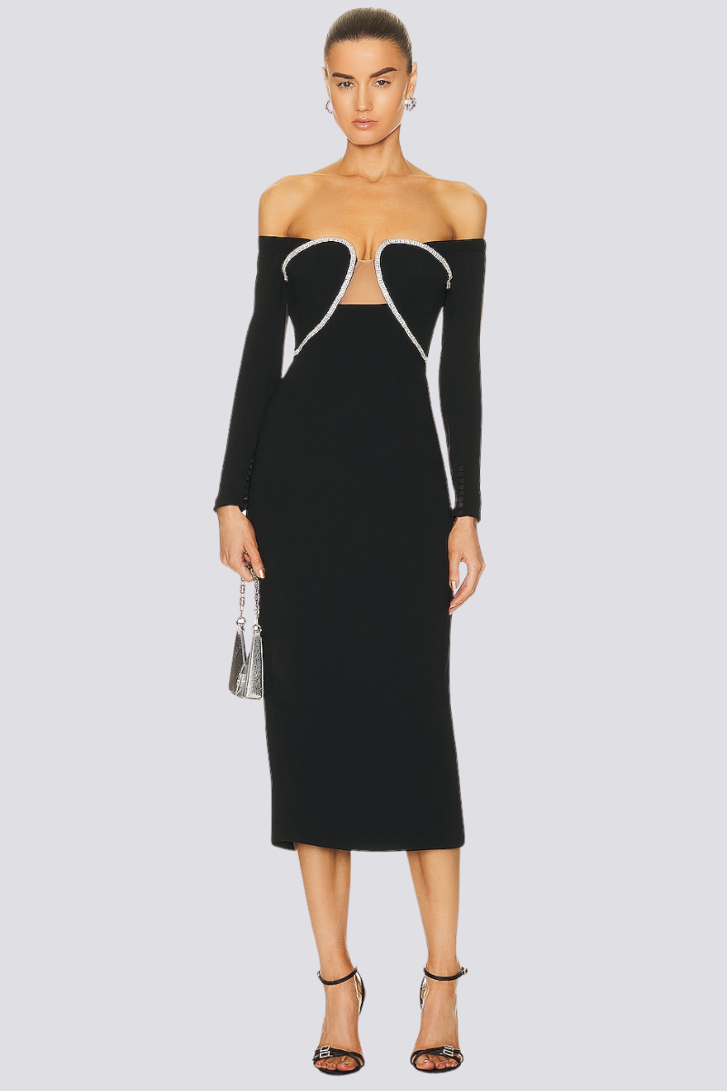 Izara Off Shoulder Rhinestone Midi Dress-ROVOLE