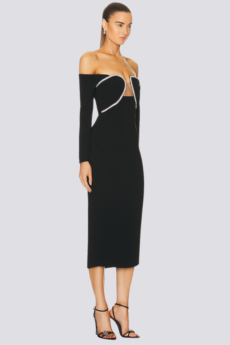 Izara Off Shoulder Rhinestone Midi Dress-ROVOLE