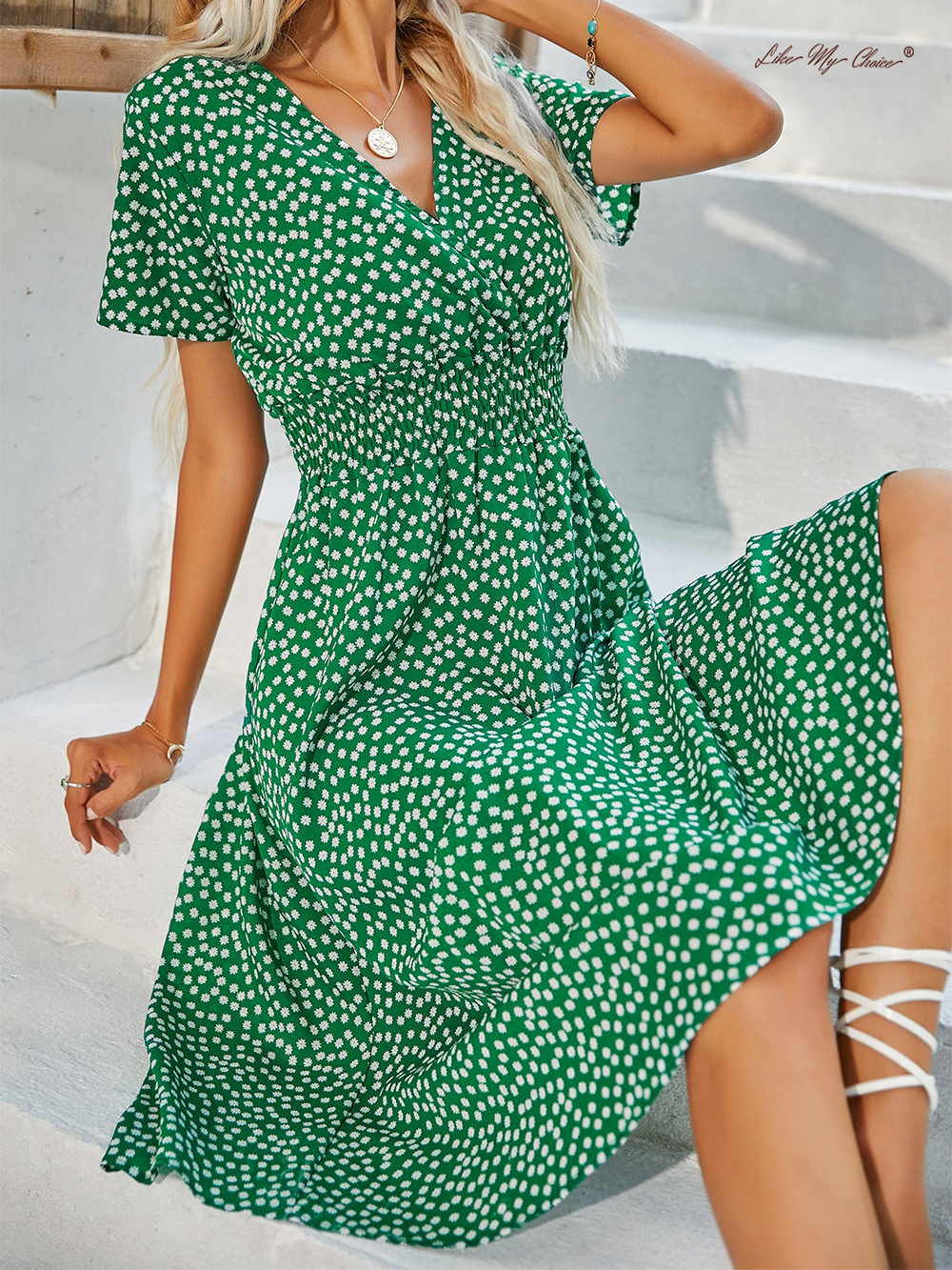 V-neck Polka Dot Crushed Flower Short Sleeve Dress-Massicos