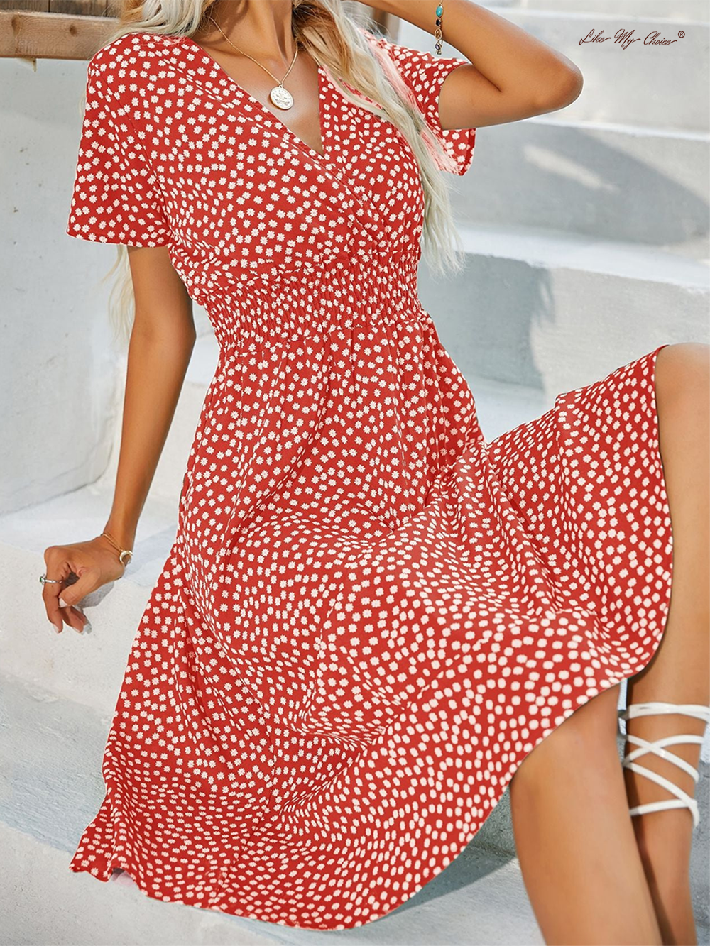 V-neck Polka Dot Crushed Flower Short Sleeve Dress-Massicos
