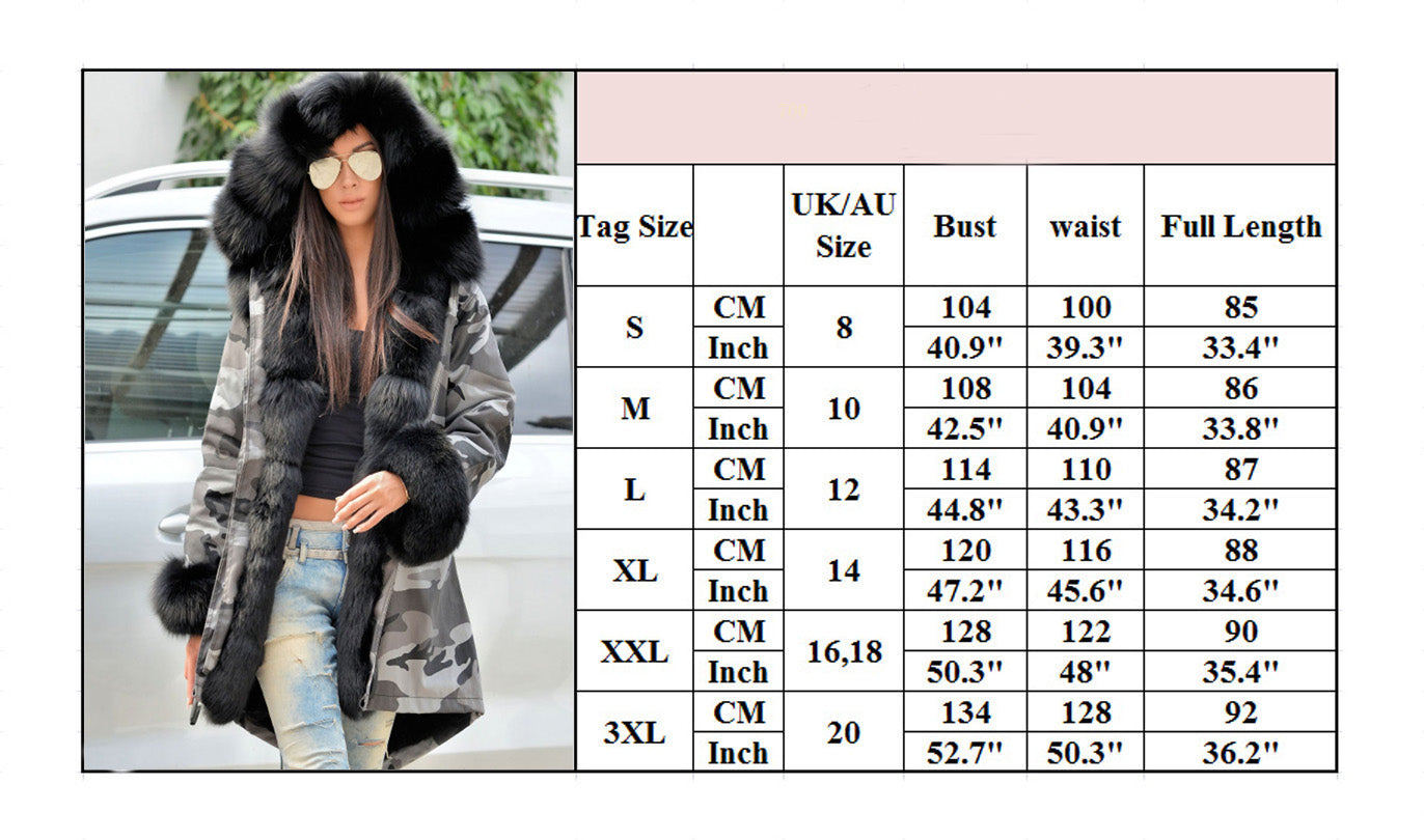 Trafni Women's Winter Camouflage Thick Black Fur Parka Long Hooded Jacket Coat Trench Coat S-XXXL-Massicos