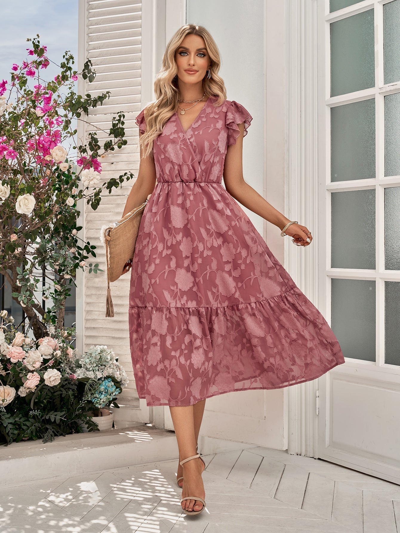 Rebecca V-Neck A-Line Dress:   Floral Flutter Sleeve Surplice Midi-Massicos