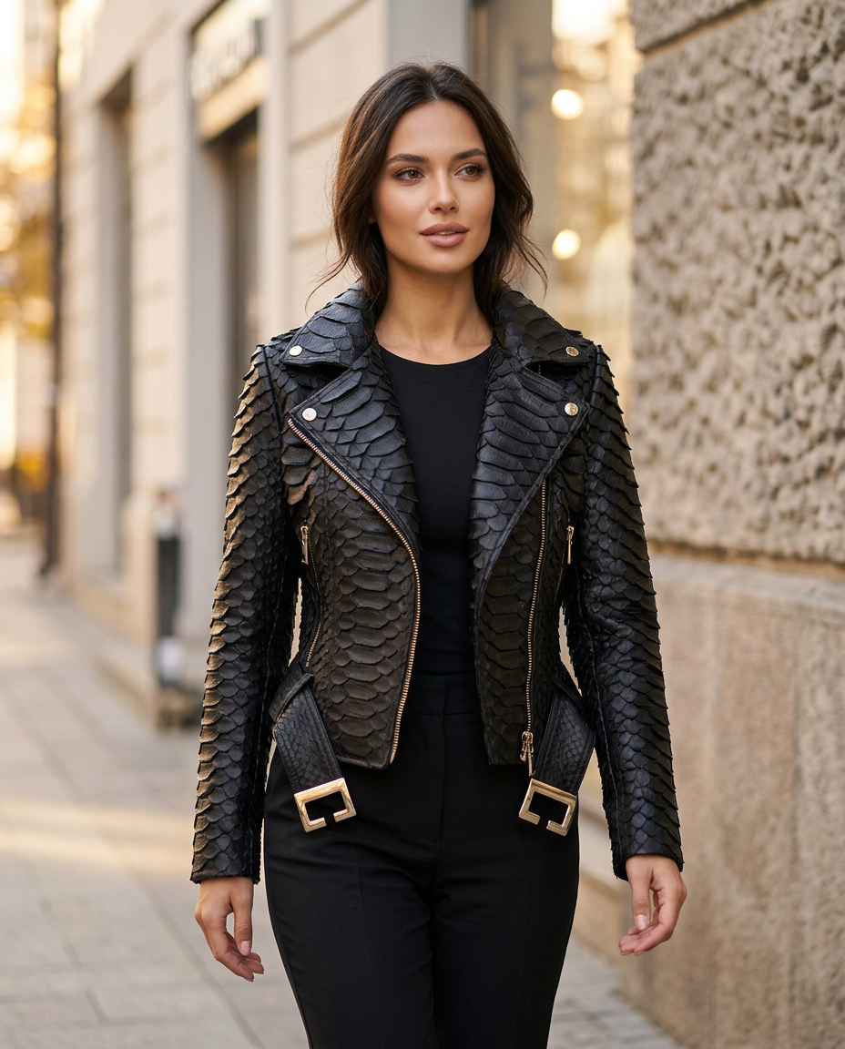 Dark Grey Crocodile Embossed Leather Jacket