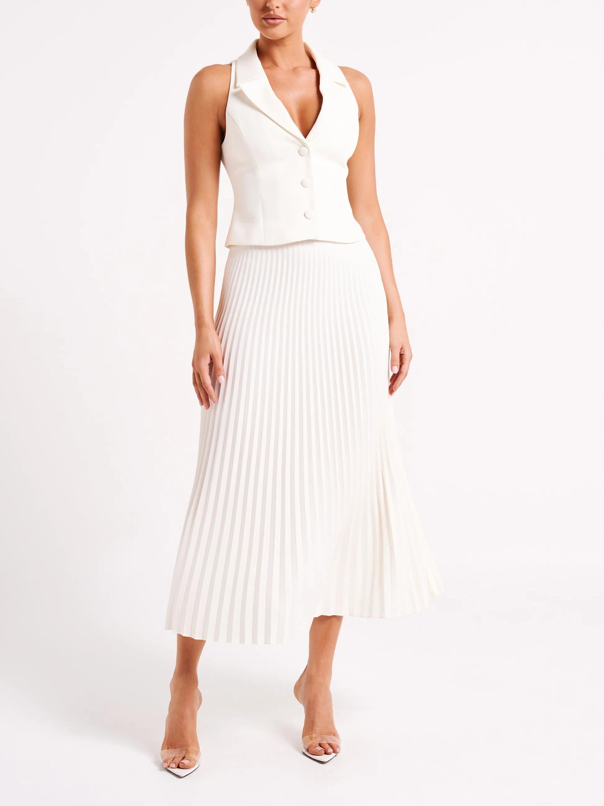 Crepe Knit Cravat Top & Pleated Suiting Maxi Skirt-ROVOLE