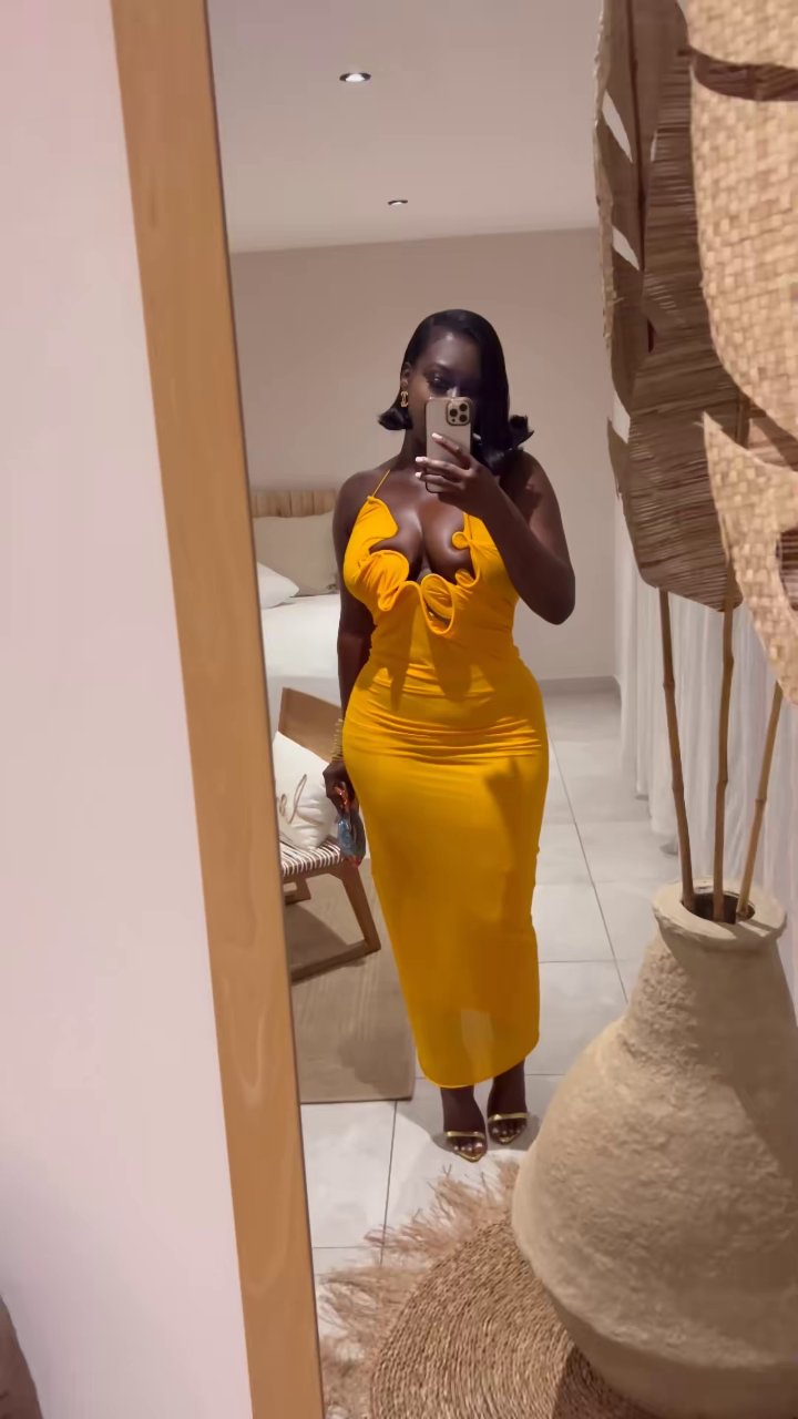 Women's Mustard Yellow Ruffled Cut-Out Maxi Dress Bodycon Evening Gown
