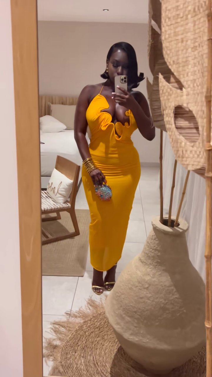 Women's Mustard Yellow Ruffled Cut-Out Maxi Dress Bodycon Evening Gown