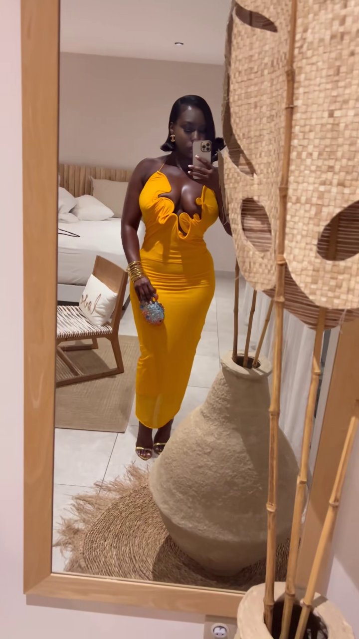 Women's Mustard Yellow Ruffled Cut-Out Maxi Dress Bodycon Evening Gown